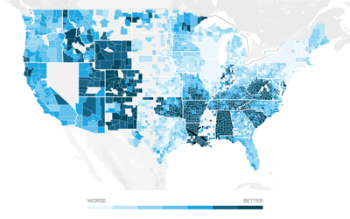 The map indicates the relative cost of property taxes across the U.S. The darker the area, the lower the taxes. States with no color lacked the data needed for the graphic.